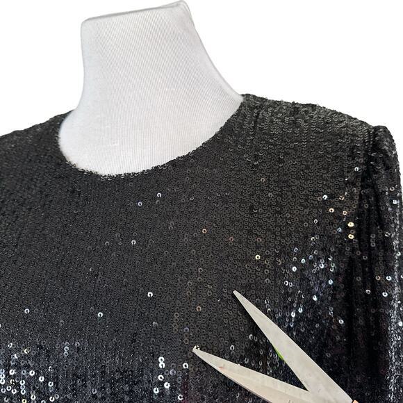 Retrofete Flynn Sequin Ruched Tulle Long Sleeve Key Hole Mini Dress Black Large - Picture 14 of 16